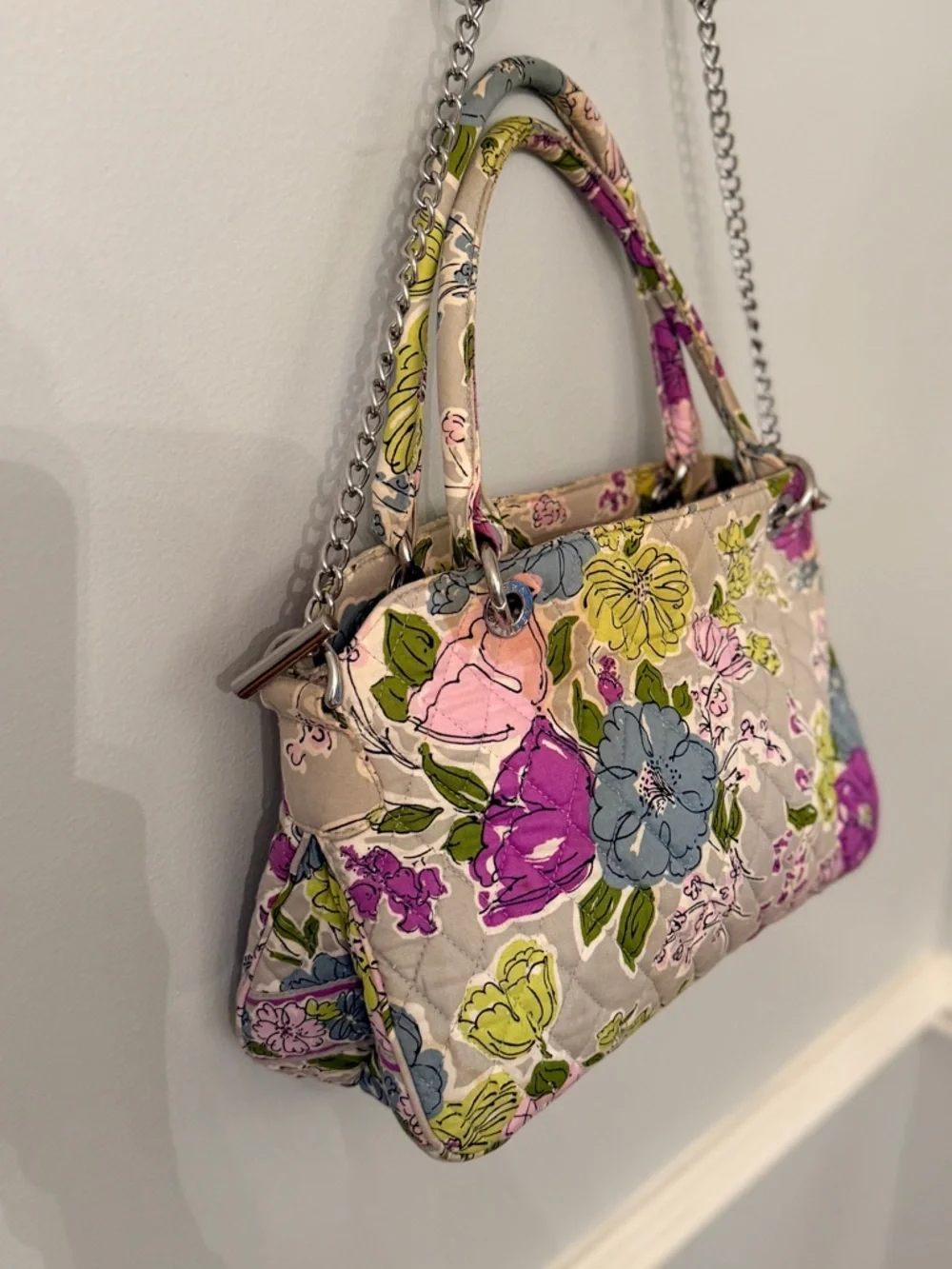 Vera Bradley Floral Quilted Satchel Bag Neutral Multi Cotton w Detachable Strap